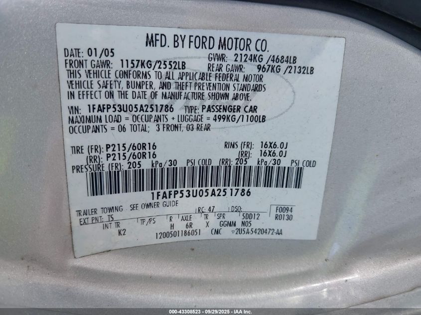 2005 Ford Taurus Se VIN: 1FAFP53U05A251786 Lot: 43308523