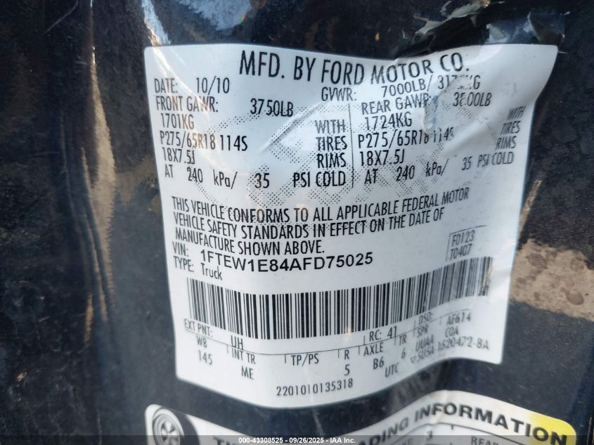 2010 Ford F-150 Xlt VIN: 1FTEW1E84AFD75025 Lot: 43308525