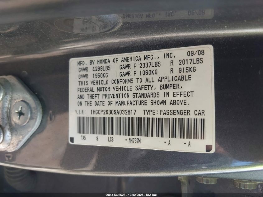 2009 Honda Accord 2.4 Lx VIN: 1HGCP26309A032817 Lot: 43308528