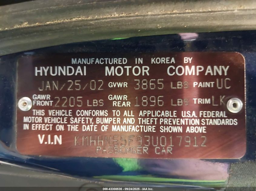 2003 Hyundai Tiburon Gt V6 VIN: KMHHN65F93U017912 Lot: 43308536