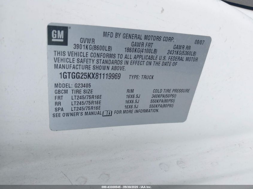 2008 GMC Savana G2500 VIN: 1GTGG25KX81119969 Lot: 43308545