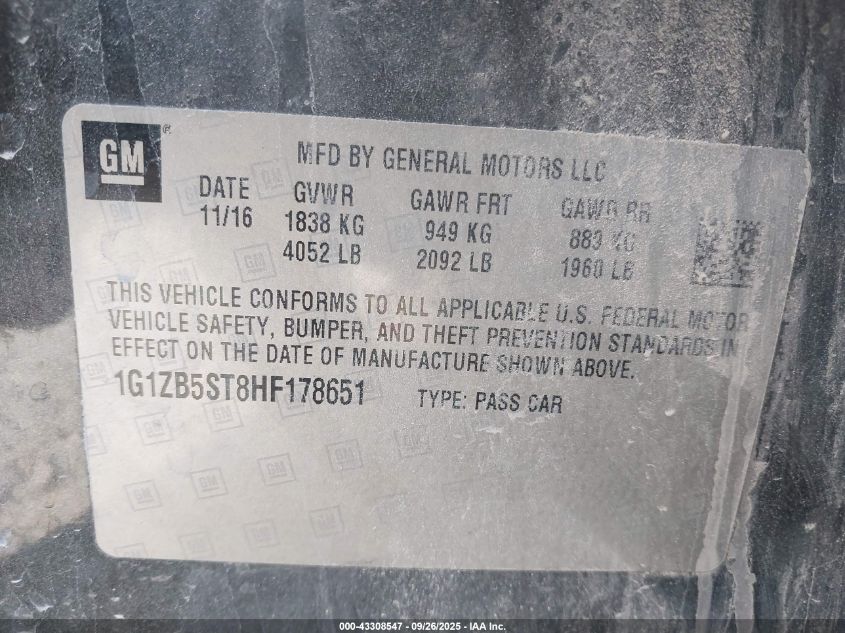 2017 Chevrolet Malibu Ls VIN: 1G1ZB5ST8HF178651 Lot: 43308547