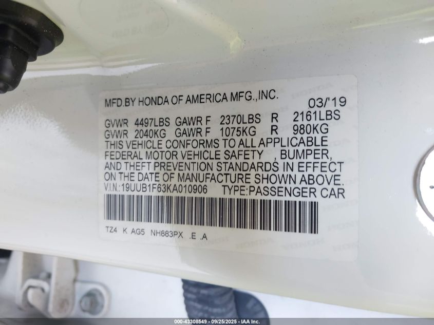 2019 Acura Tlx Tech A-Spec Pkgs VIN: 19UUB1F63KA010906 Lot: 43308549