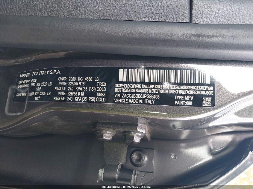 2018 Jeep Renegade Limited 4X4 VIN: ZACCJBDB6JPG86493 Lot: 43308553