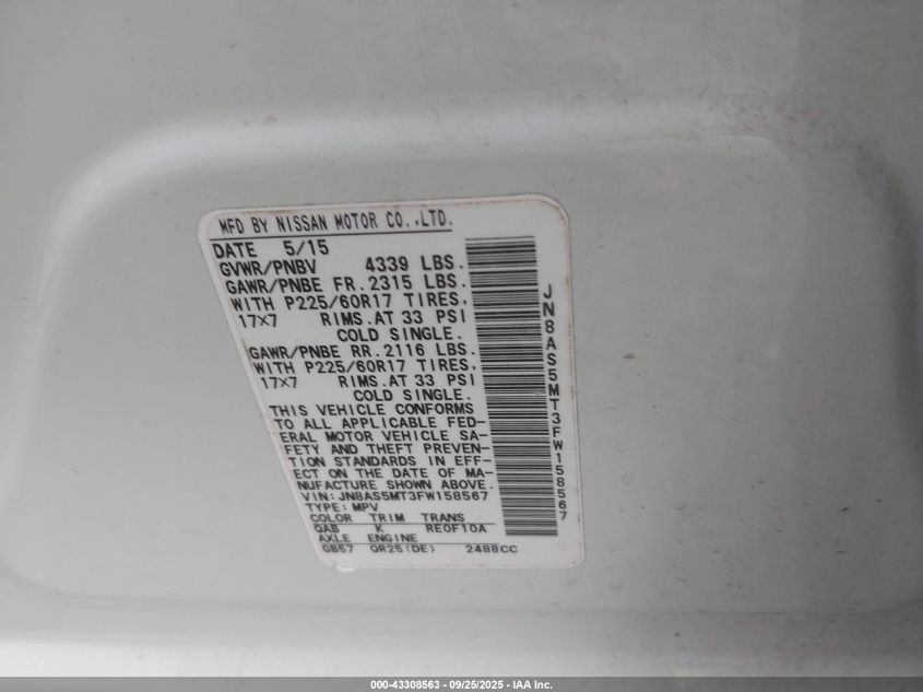 2015 Nissan Rogue Select S VIN: JN8AS5MT3FW158567 Lot: 43308563