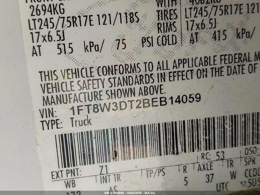 2011 Ford F-350 Xl VIN: 1FT8W3DT2BEB14059 Lot: 43308566