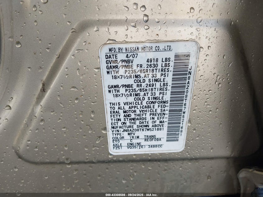 2007 Nissan Murano Sl VIN: JN8AZ08T67W521681 Lot: 43308586