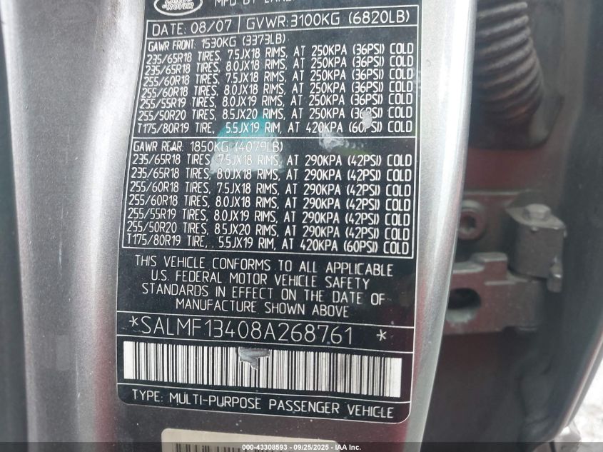 2008 Land Rover Range Rover Supercharged VIN: SALMF13408A268761 Lot: 43308593