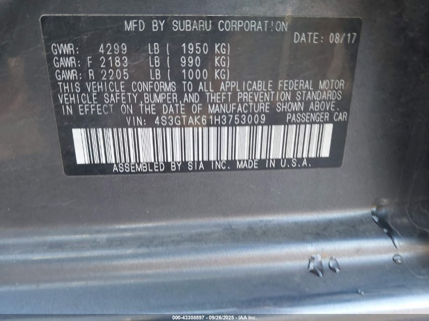 2017 Subaru Impreza 2.0I Sport VIN: 4S3GTAK61H3753009 Lot: 43308597