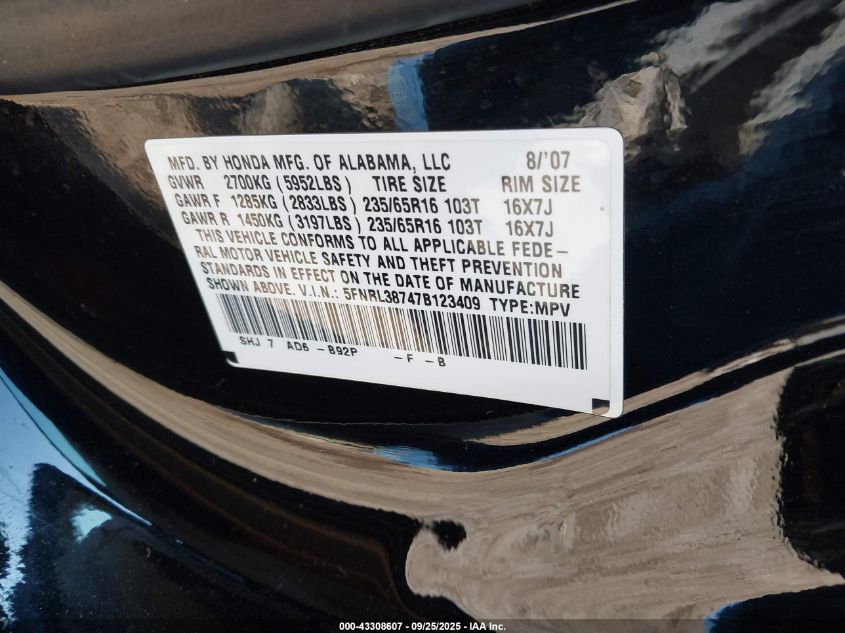 2007 Honda Odyssey Ex-L VIN: 5FNRL38747B123409 Lot: 43308607