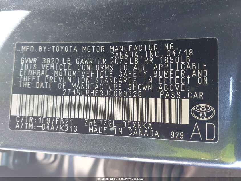 2018 Toyota Corolla Le VIN: 2T1BURHE3JC089328 Lot: 43308613