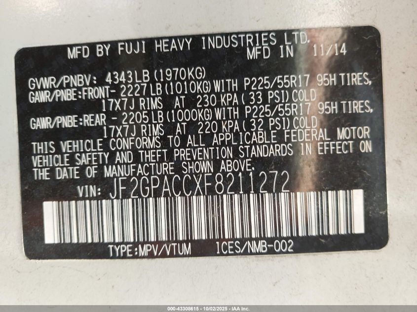 2015 Subaru Xv Crosstrek 2.0I Premium VIN: JF2GPACCXF8211272 Lot: 43308615