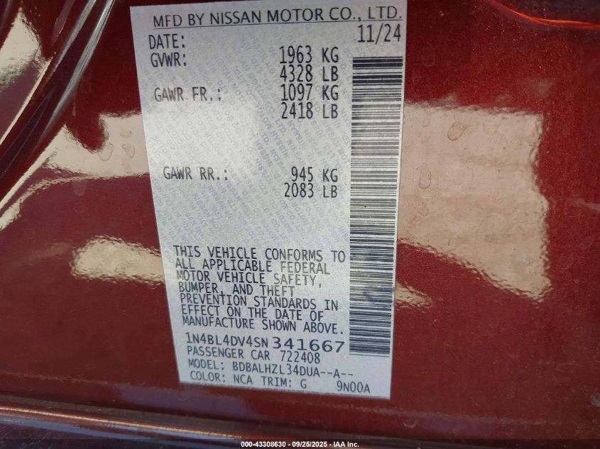 2025 Nissan Altima Sv Fwd VIN: 1N4BL4DV4SN341667 Lot: 43308630