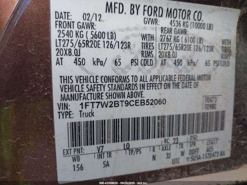 2012 Ford F-250 Lariat VIN: 1FT7W2BT9CEB52060 Lot: 43308628