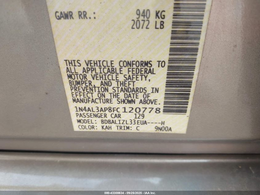 2015 Nissan Altima 2.5/S/Sv/Sl VIN: 1N4AL3AP8FC120778 Lot: 43308634