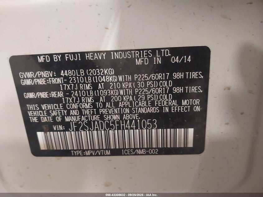 2015 SUBARU FORESTER 2.5I PREMIUM - JF2SJADC5FH441053