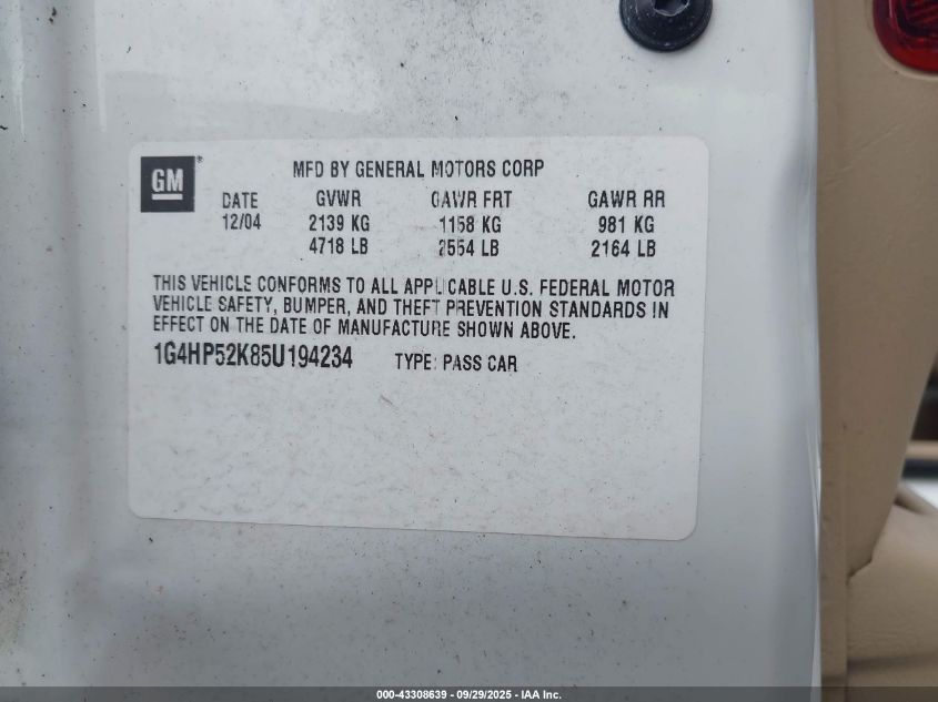 2005 Buick Lesabre Custom VIN: 1G4HP52K85U194234 Lot: 43308639