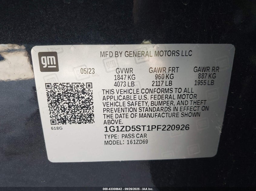 2023 Chevrolet Malibu Fwd 1Lt VIN: 1G1ZD5ST1PF220926 Lot: 43308642