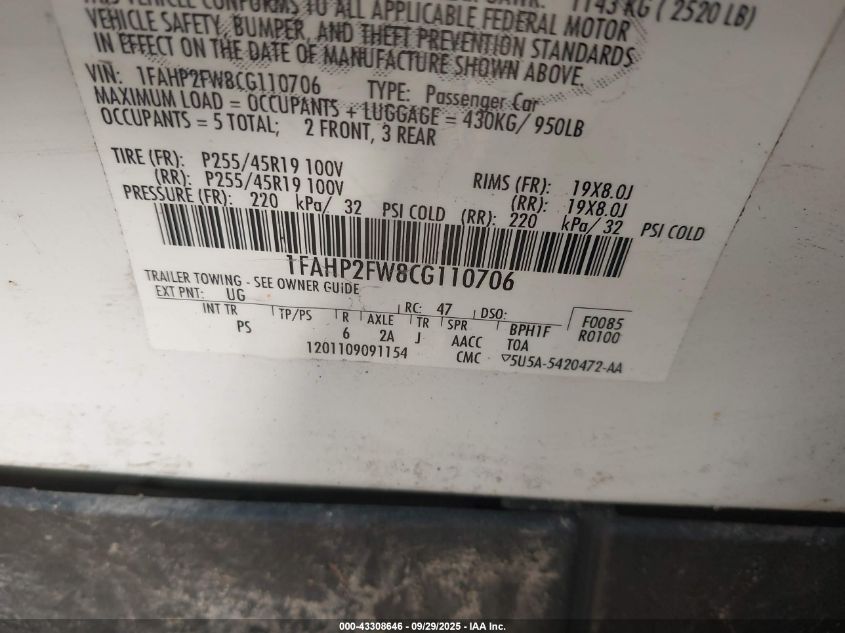 2012 Ford Taurus Limited VIN: 1FAHP2FW8CG110706 Lot: 43308646