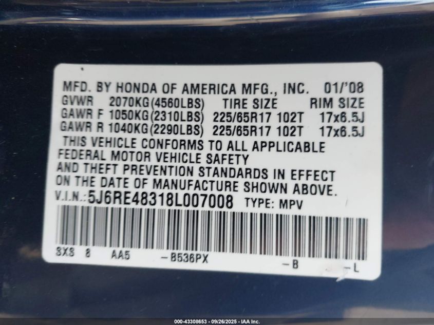 2008 Honda Cr-V Lx VIN: 5J6RE48318L007008 Lot: 43308653