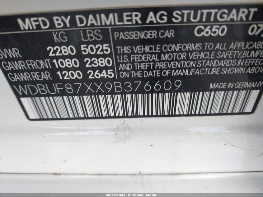 2009 Mercedes-Benz E 350 4Matic VIN: WDBUF87XX9B376609 Lot: 43308665