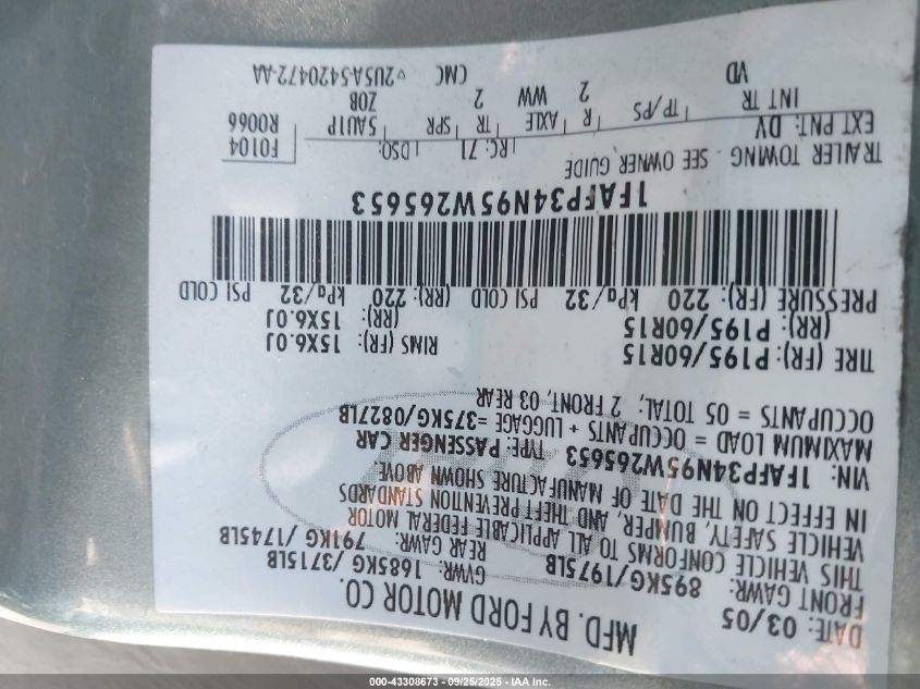 2005 Ford Focus Zx4 VIN: 1FAFP34N95W265653 Lot: 43308673