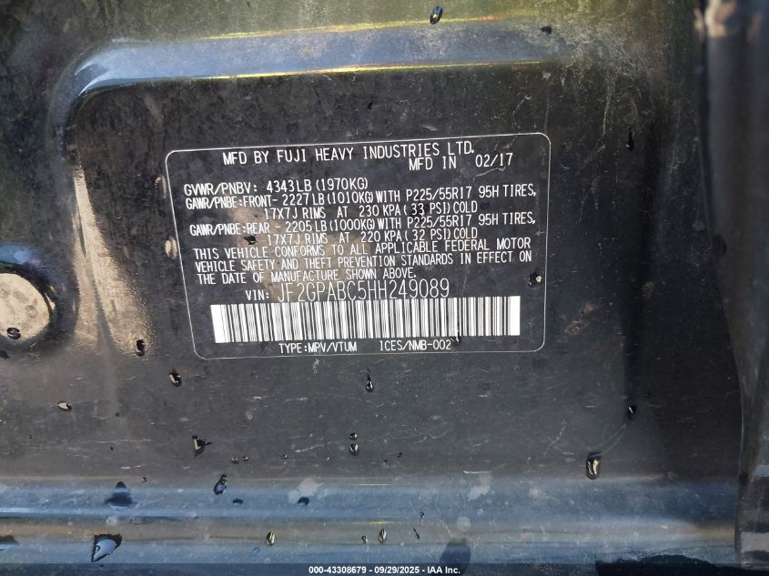 2017 Subaru Crosstrek 2.0I Premium VIN: JF2GPABC5HH249089 Lot: 43308679