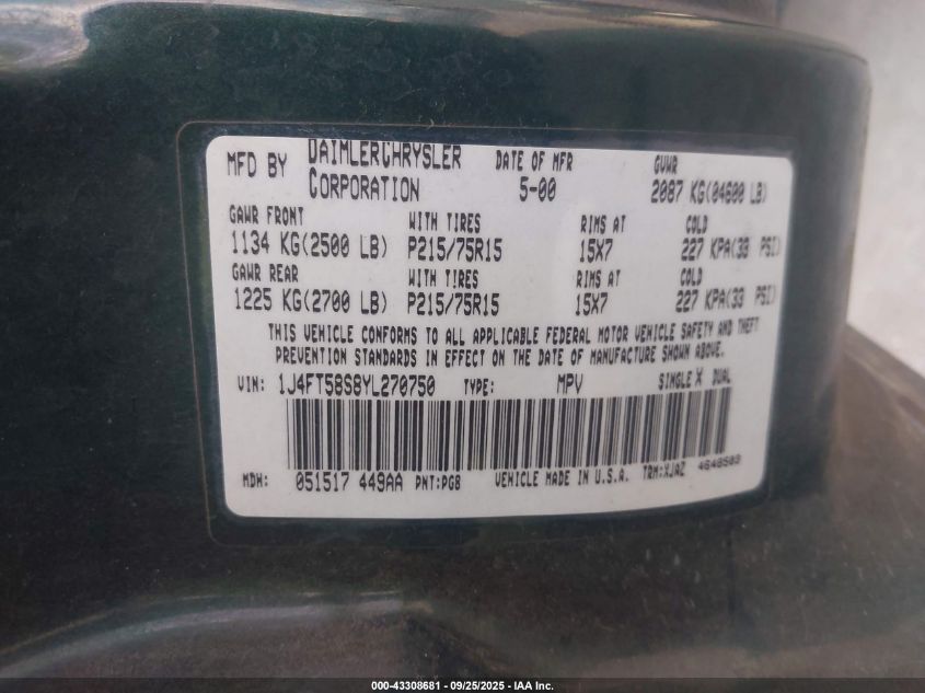 2000 Jeep Cherokee Classic VIN: 1J4FT58S8YL270750 Lot: 43308681