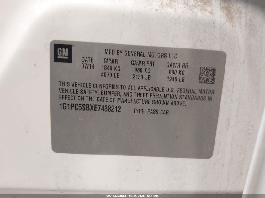 2014 Chevrolet Cruze 1Lt Auto VIN: 1G1PC5SBXE7438212 Lot: 43308684