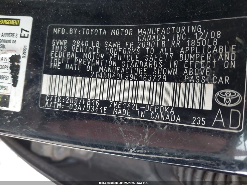 2009 Toyota Corolla Le VIN: 2T1BU40E59C163729 Lot: 43308688