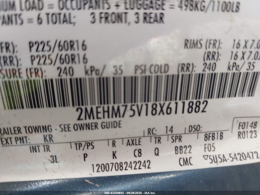 2008 Mercury Grand Marquis Ls VIN: 2MEHM75V18X611882 Lot: 43308692