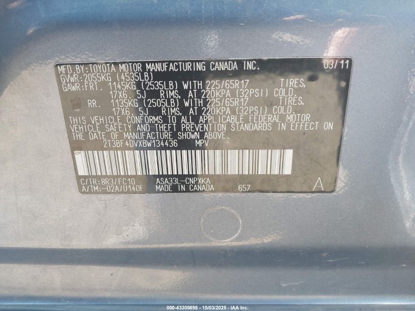 2011 Toyota Rav4 VIN: 2T3BF4DVXBW134436 Lot: 43308698