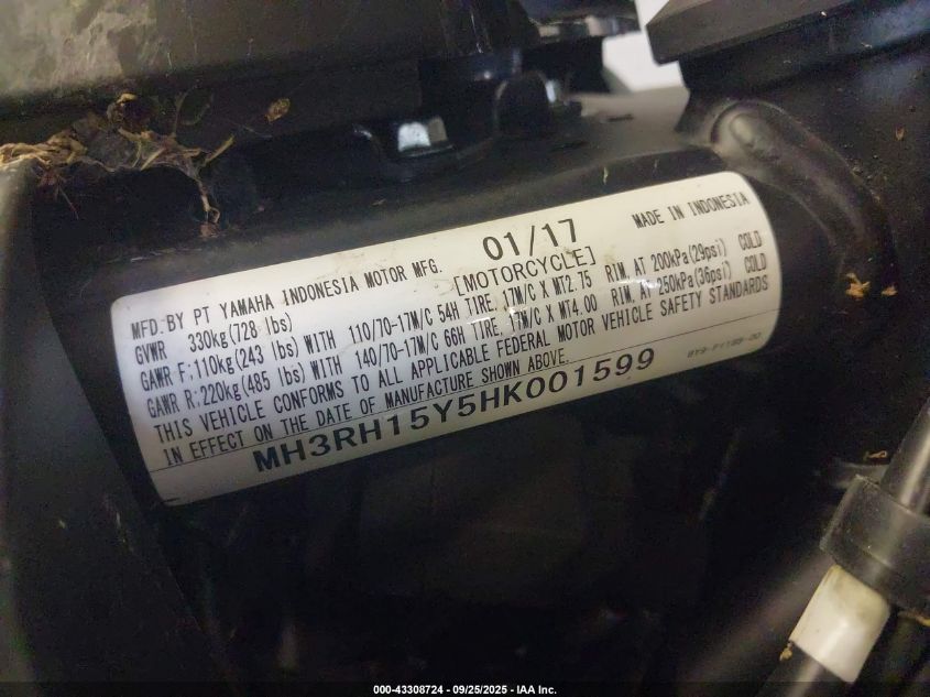 2017 Yamaha Yzfr3 A VIN: MH3RH15Y5HK001599 Lot: 43308724