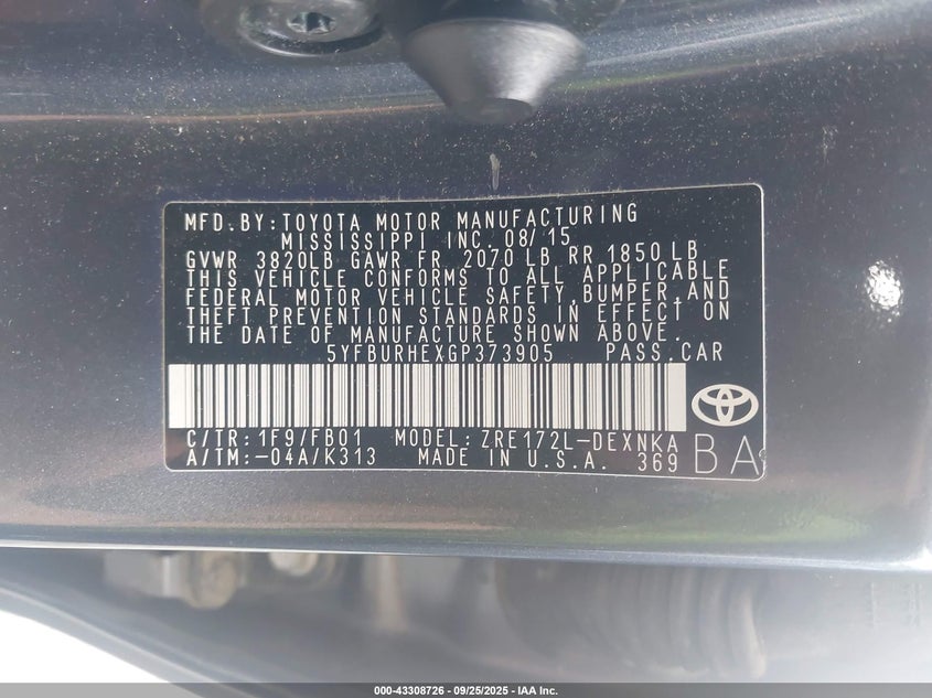 2016 TOYOTA COROLLA LE 5YFBURHEXGP373905