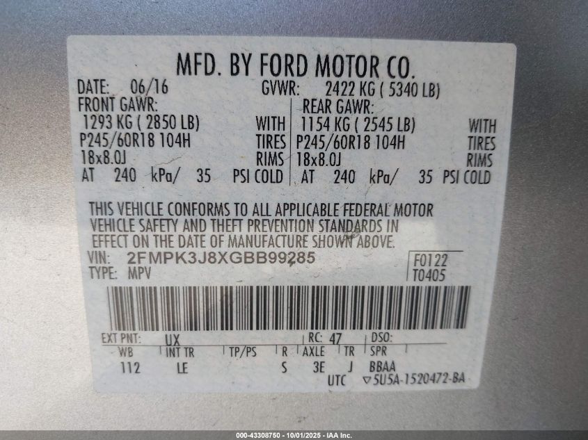 2016 Ford Edge Sel VIN: 2FMPK3J8XGBB99285 Lot: 43308750