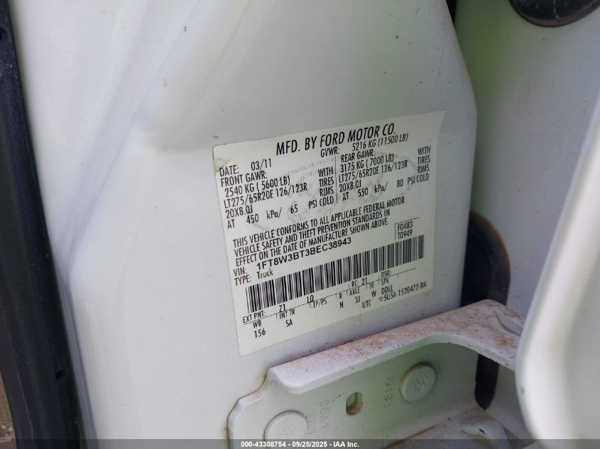 2011 Ford F-350 Lariat VIN: 1FT8W3BT3BEC38943 Lot: 43308754