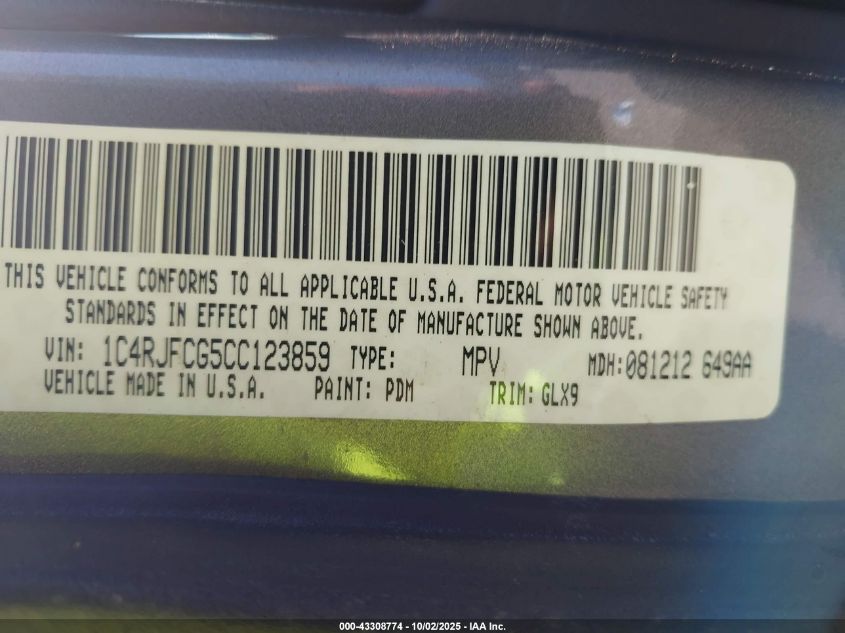 2012 Jeep Grand Cherokee Overland VIN: 1C4RJFCG5CC123859 Lot: 43308774