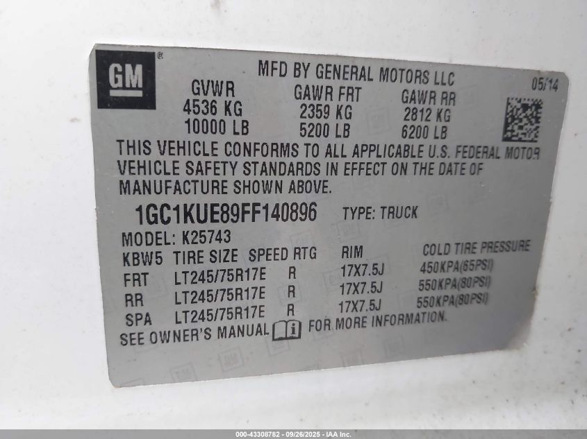 2015 Chevrolet Silverado 2500Hd Wt VIN: 1GC1KUE89FF140896 Lot: 43308782