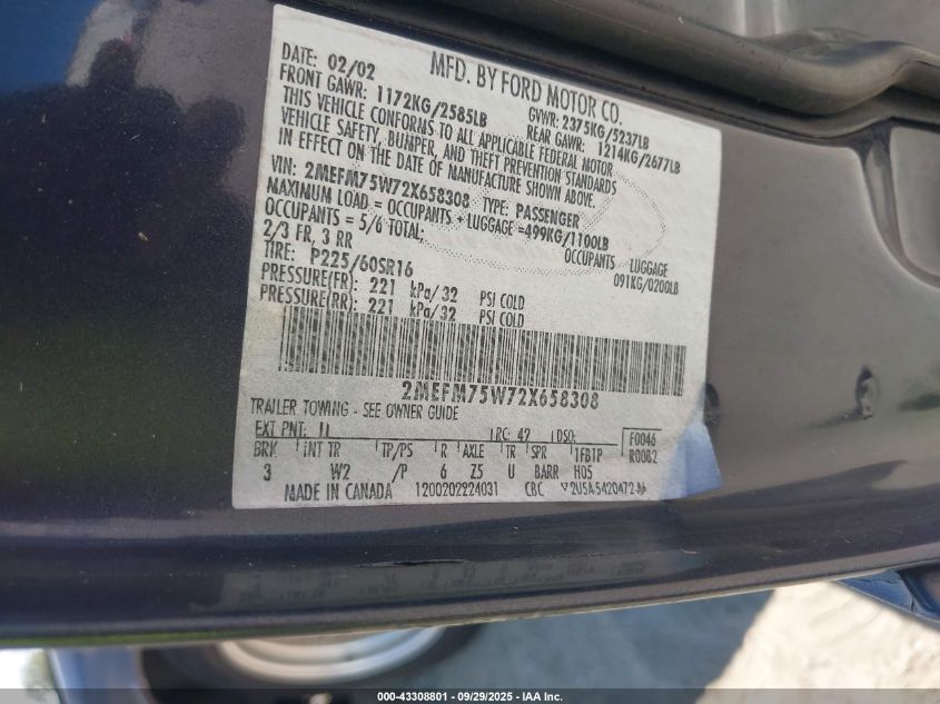 2002 Mercury Grand Marquis Ls VIN: 2MEFM75W72X658308 Lot: 43308801