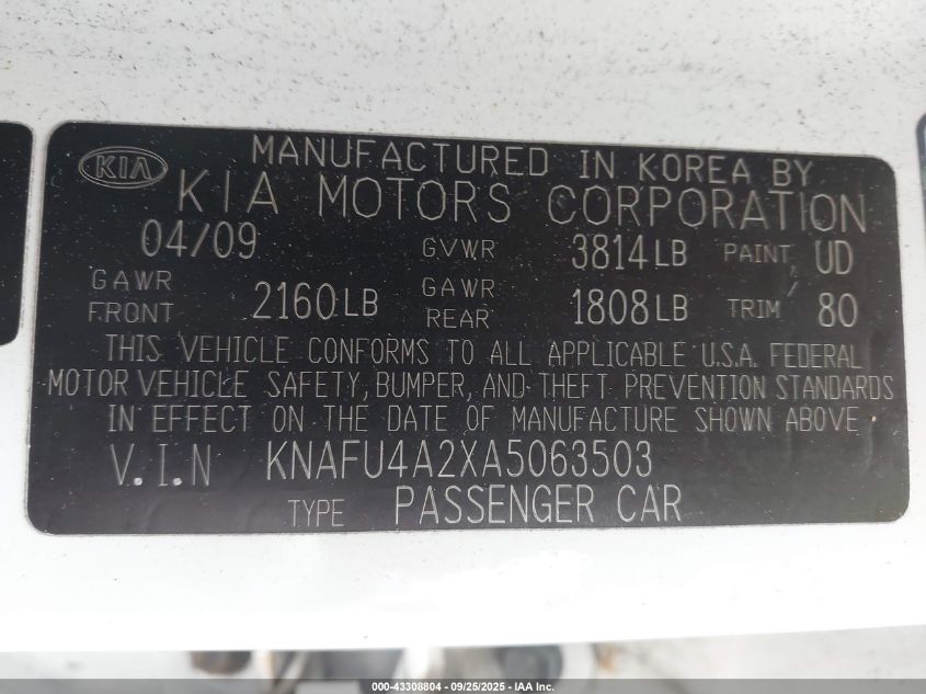 2010 Kia Forte Ex VIN: KNAFU4A2XA5063503 Lot: 43308804