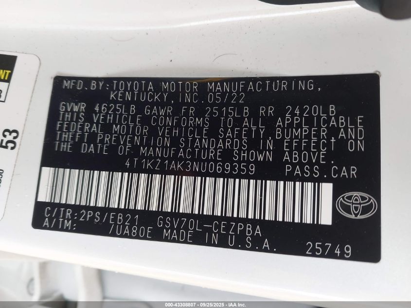 2022 Toyota Camry Trd VIN: 4T1KZ1AK3NU069359 Lot: 43308807