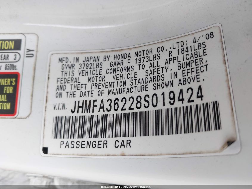 2008 Honda Civic Hybrid VIN: JHMFA36228S019424 Lot: 43308811