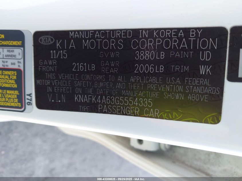 2016 Kia Forte Lx VIN: KNAFK4A63G5554335 Lot: 43308825