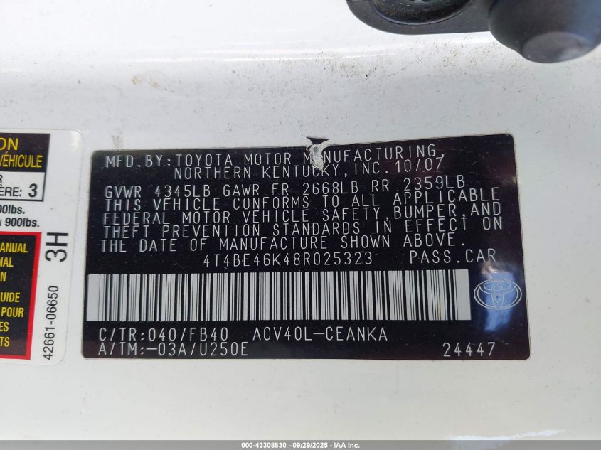 2008 Toyota Camry Le VIN: 4T4BE46K48R025323 Lot: 43308830