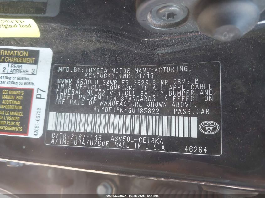 2016 Toyota Camry Se VIN: 4T1BF1FK4GU185822 Lot: 43308837