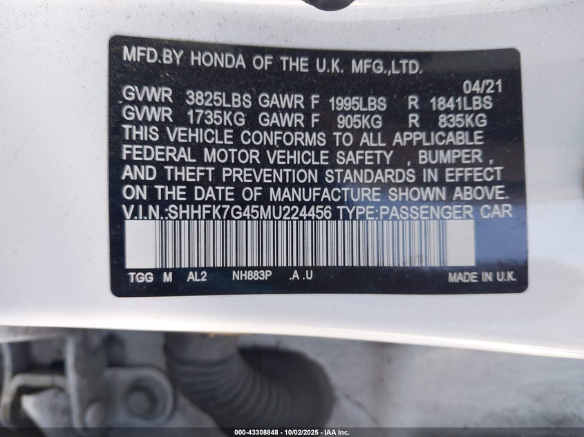 2021 HONDA CIVIC SPORT - SHHFK7G45MU224456