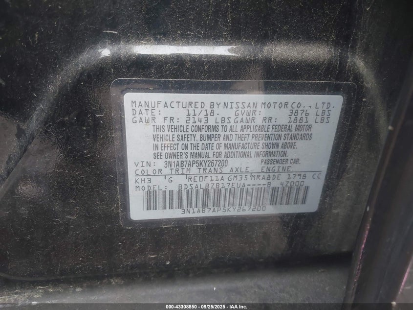 2019 Nissan Sentra S VIN: 3N1AB7AP5KY267200 Lot: 43308850