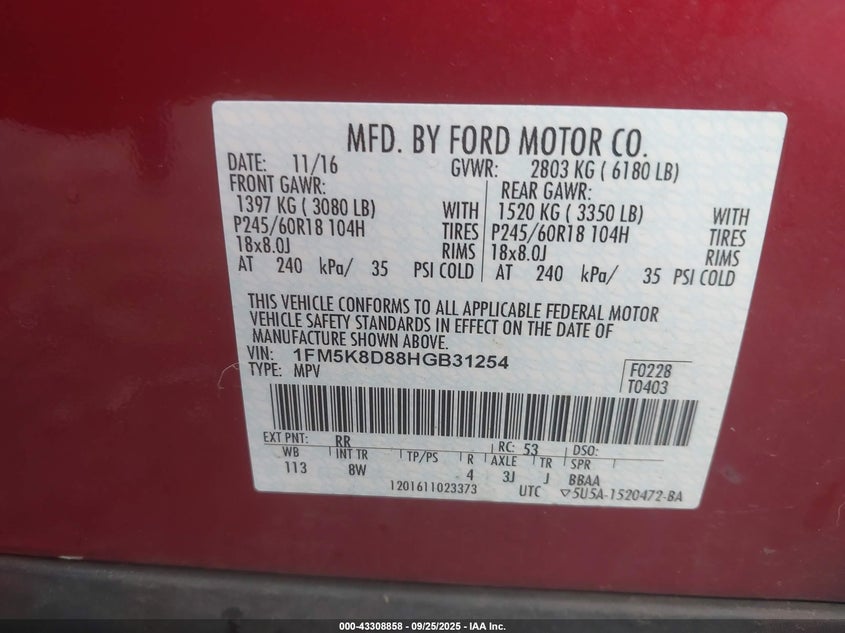 2017 FORD EXPLORER XLT - 1FM5K8D88HGB31254