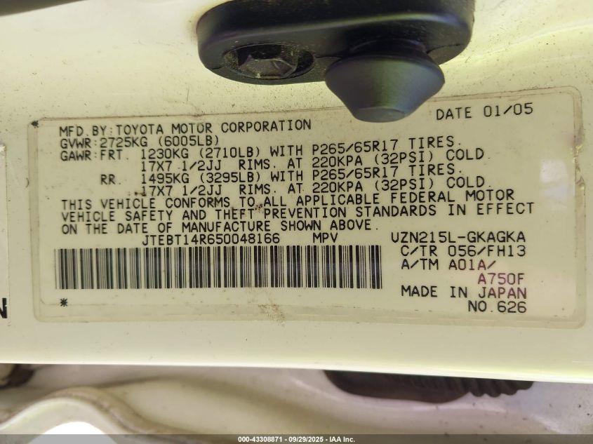 2005 Toyota 4Runner Sr5 Sport V8 VIN: JTEBT14R650048166 Lot: 43308871