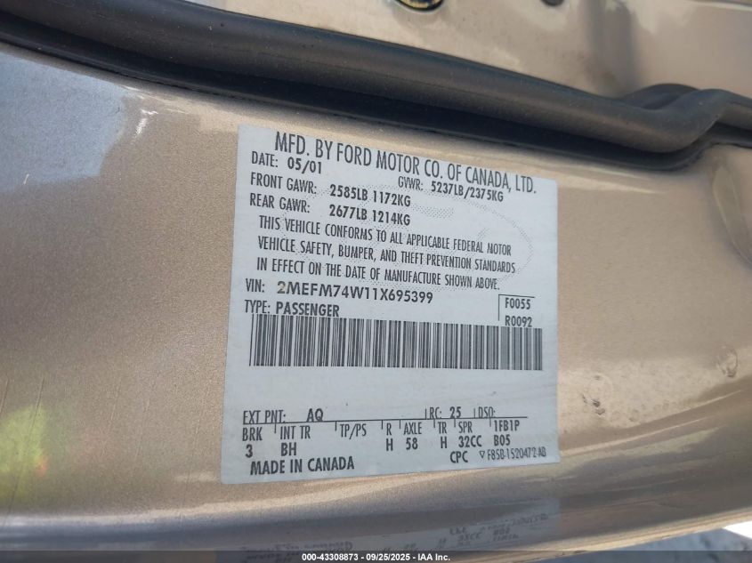 2001 Mercury Grand Marquis Gs VIN: 2MEFM74W11X695399 Lot: 43308873